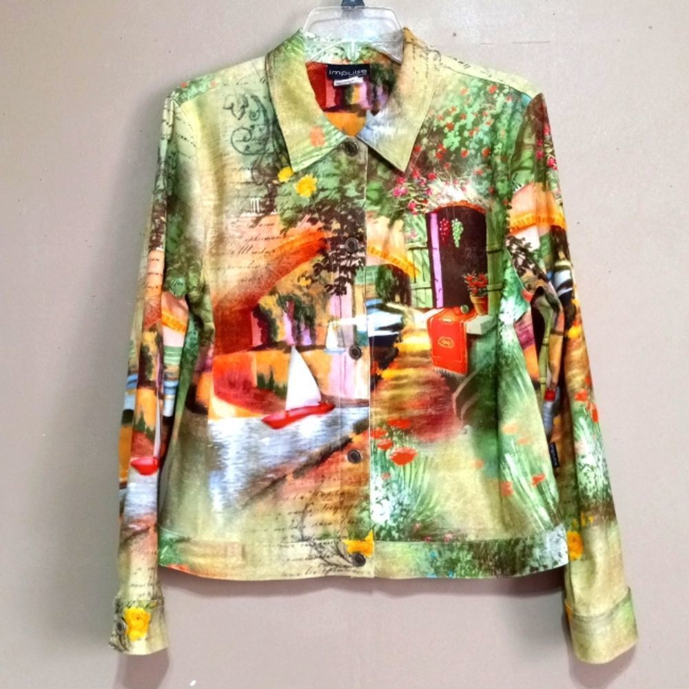 IMPULSE artistic colorful polyester spandex jacket, metal buttons, sz M